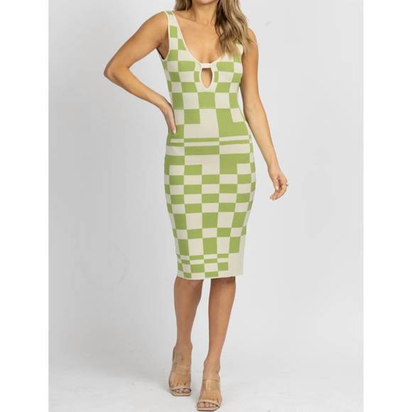 NEW FORE checked knit midi dress in taupe + sage - Picture 2 of 5